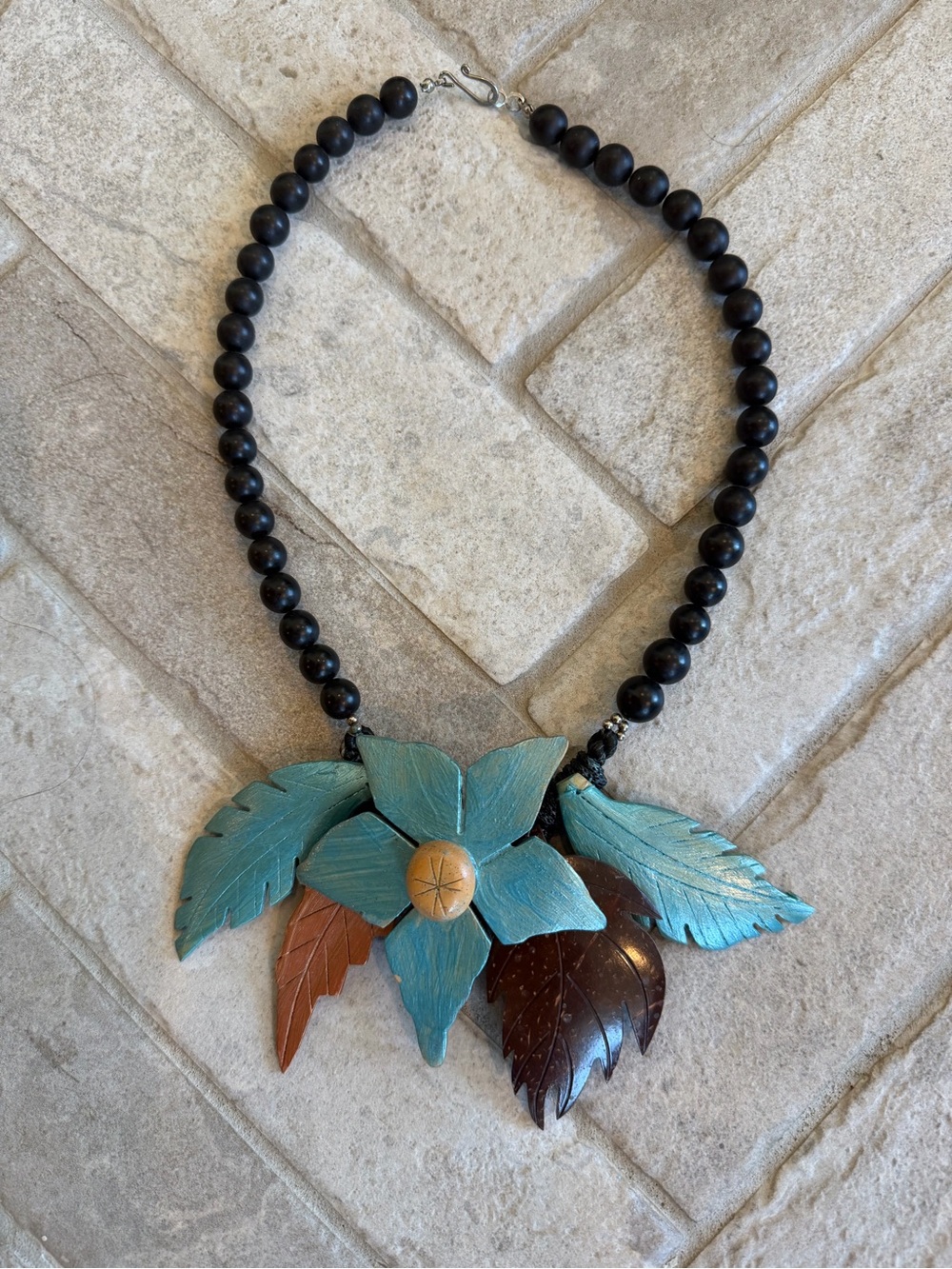Artisan Boho Floral Statement Necklace Teal Blue Brown Black Beaded